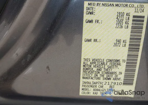 2015 Nissan Altima 2.5 S from USA, damaged, VIN 1N4AL3AP7FC217910